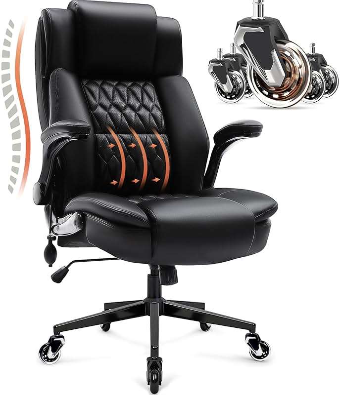 HAMAOKA Wide Office Chair with Flip-Up Arms, Comfortable High Back Desk Chair with Adjustable Lumbar Support & Thick Cushion, Space Saving Executive Chair for Home Office, Work, Study & Long Hours - Image 1