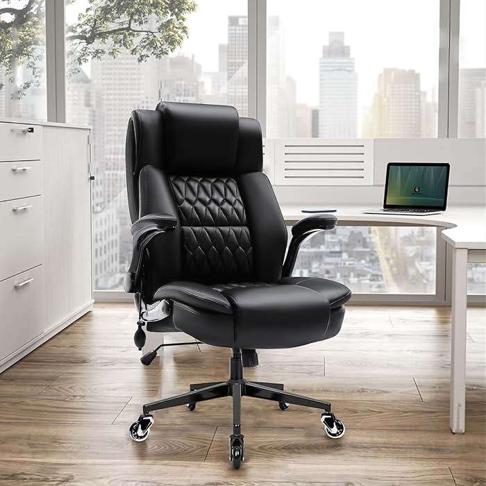 HAMAOKA Wide Office Chair with Flip-Up Arms, Comfortable High Back Desk Chair with Adjustable Lumbar Support & Thick Cushion, Space Saving Executive Chair for Home Office, Work, Study & Long Hours - Image 2
