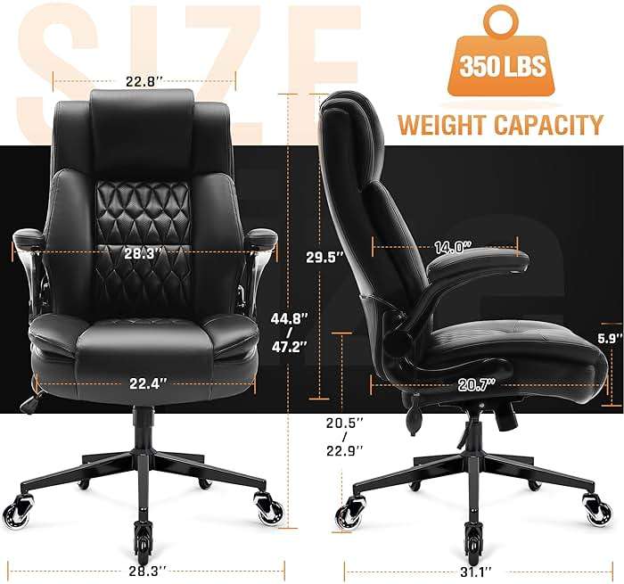 HAMAOKA Wide Office Chair with Flip-Up Arms, Comfortable High Back Desk Chair with Adjustable Lumbar Support & Thick Cushion, Space Saving Executive Chair for Home Office, Work, Study & Long Hours - Image 3
