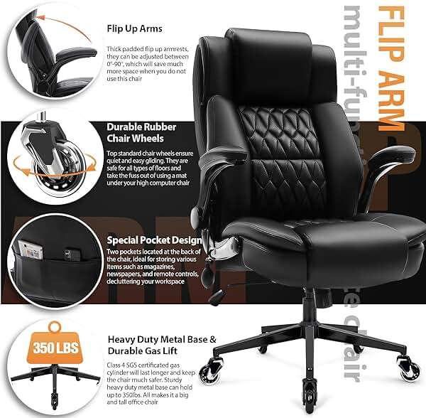 HAMAOKA Wide Office Chair with Flip-Up Arms, Comfortable High Back Desk Chair with Adjustable Lumbar Support & Thick Cushion, Space Saving Executive Chair for Home Office, Work, Study & Long Hours - Image 5