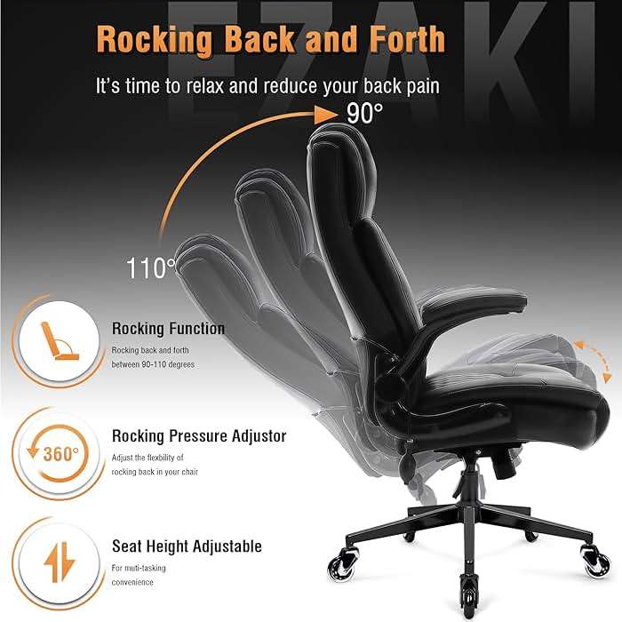 HAMAOKA Wide Office Chair with Flip-Up Arms, Comfortable High Back Desk Chair with Adjustable Lumbar Support & Thick Cushion, Space Saving Executive Chair for Home Office, Work, Study & Long Hours - Image 7