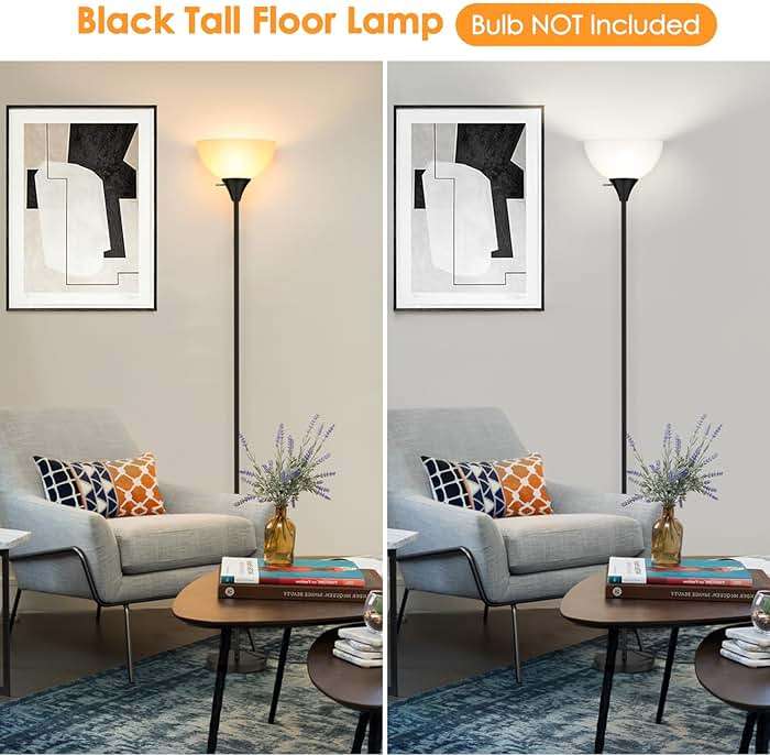 Coucrek Floor Lamp, LED Standing Lamps with White Plastic Shade, Black Modern Torchiere Floor Lamp, Tall Lamps for Living Room Dorm, Bulb not Included - Image 2