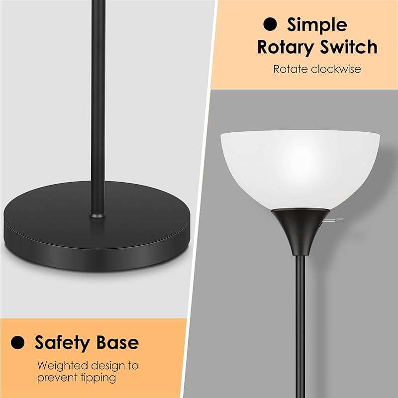 Coucrek Floor Lamp, LED Standing Lamps with White Plastic Shade, Black Modern Torchiere Floor Lamp, Tall Lamps for Living Room Dorm, Bulb not Included - Image 3