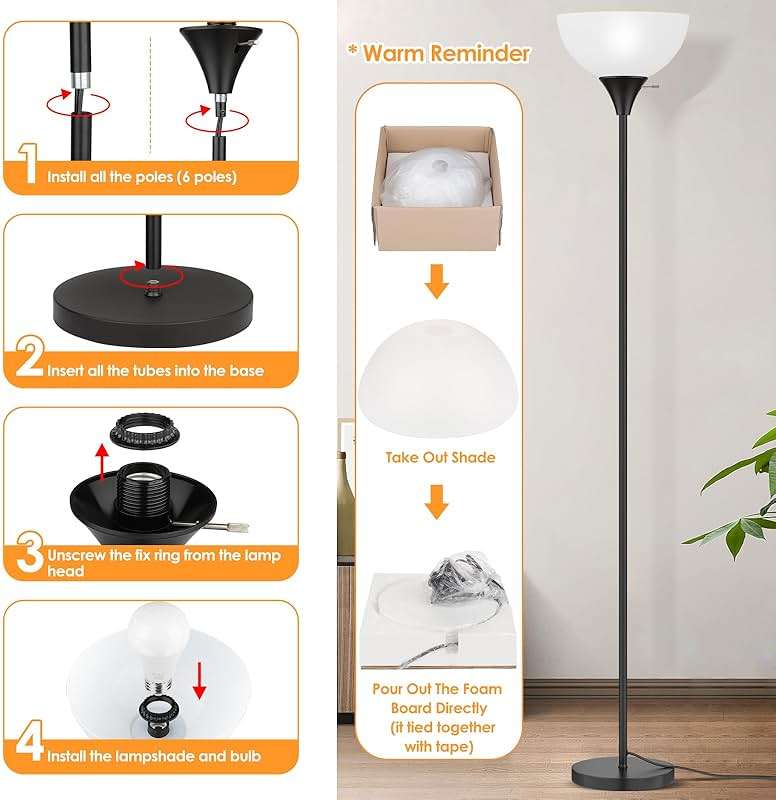 Coucrek Floor Lamp, LED Standing Lamps with White Plastic Shade, Black Modern Torchiere Floor Lamp, Tall Lamps for Living Room Dorm, Bulb not Included - Image 6