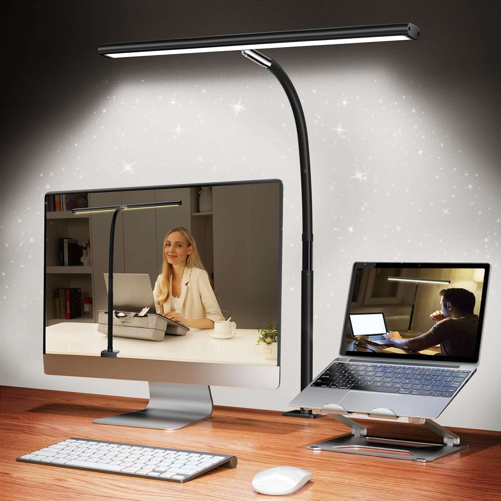 Airlonv LED Desk Lamp for Office Home, Eye-Caring Desk Light with Stepless Dimming Adjustable Flexible Gooseneck, 10W USB Adapter Desk Lamp with Clamp for Reading, Study, Workbench (Black) - Image 1
