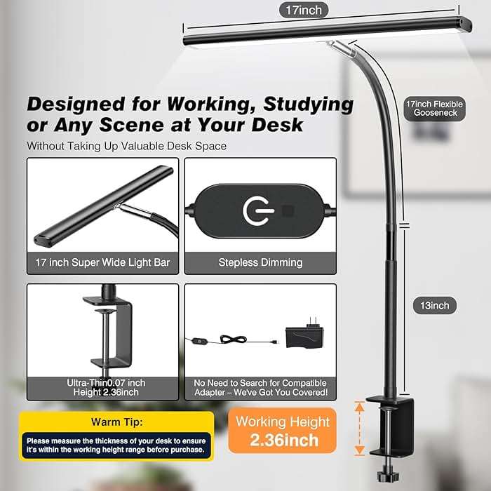 Airlonv LED Desk Lamp for Office Home, Eye-Caring Desk Light with Stepless Dimming Adjustable Flexible Gooseneck, 10W USB Adapter Desk Lamp with Clamp for Reading, Study, Workbench (Black) - Image 3