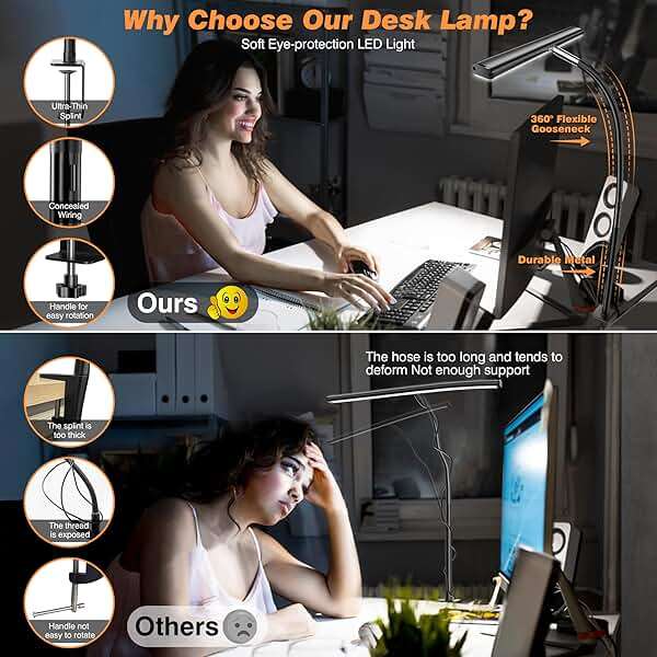 Airlonv LED Desk Lamp for Office Home, Eye-Caring Desk Light with Stepless Dimming Adjustable Flexible Gooseneck, 10W USB Adapter Desk Lamp with Clamp for Reading, Study, Workbench (Black) - Image 4