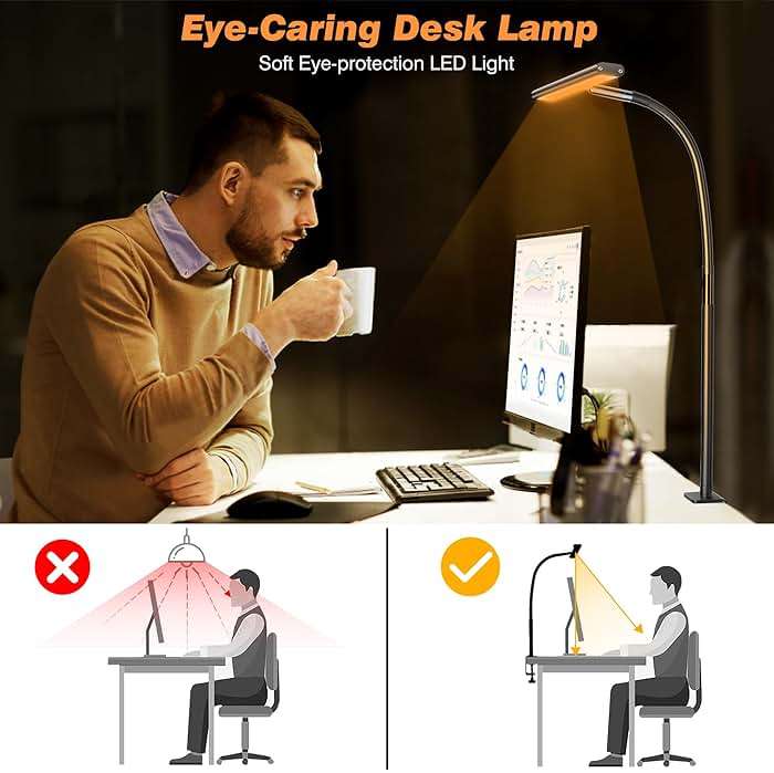 Airlonv LED Desk Lamp for Office Home, Eye-Caring Desk Light with Stepless Dimming Adjustable Flexible Gooseneck, 10W USB Adapter Desk Lamp with Clamp for Reading, Study, Workbench (Black) - Image 6