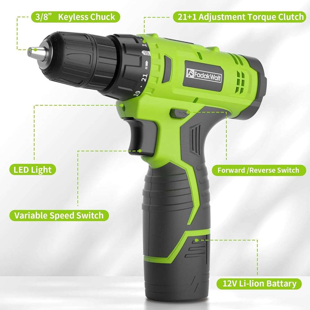FADAKWALT Cordless Drill Set,12V Power Drill Set with Battery and Charger, Electric Driver/Drill Bits, 3/8'' Keyless Chuck,21+1 Torque Setting, 180 inch-lbs, with LED Electric Drill Set (Green) - Image 3