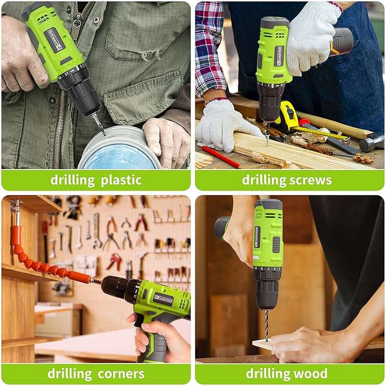 FADAKWALT Cordless Drill Set,12V Power Drill Set with Battery and Charger, Electric Driver/Drill Bits, 3/8'' Keyless Chuck,21+1 Torque Setting, 180 inch-lbs, with LED Electric Drill Set (Green) - Image 4