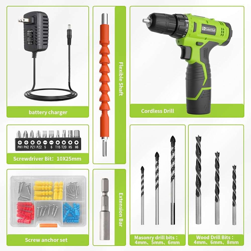 FADAKWALT Cordless Drill Set,12V Power Drill Set with Battery and Charger, Electric Driver/Drill Bits, 3/8'' Keyless Chuck,21+1 Torque Setting, 180 inch-lbs, with LED Electric Drill Set (Green) - Image 5