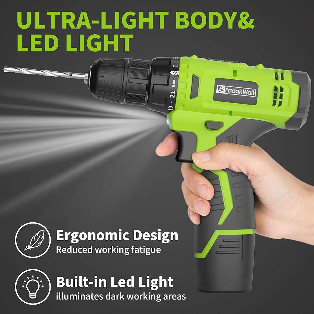 FADAKWALT Cordless Drill Set,12V Power Drill Set with Battery and Charger, Electric Driver/Drill Bits, 3/8'' Keyless Chuck,21+1 Torque Setting, 180 inch-lbs, with LED Electric Drill Set (Green) - Image 7