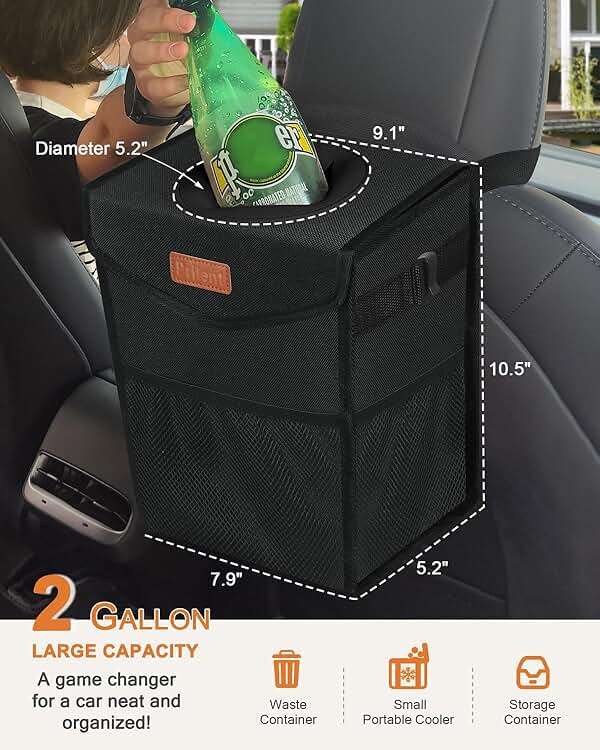 Pritent Car Trash Can with Lid, Cute Leakproof Car Trash Garbage Bag Hanging Vehicle Trash Bin Small Portable Automotive Garbage Cans Organizer for Back/Front Seat/Console(Trapezoid,Black) - Image 2