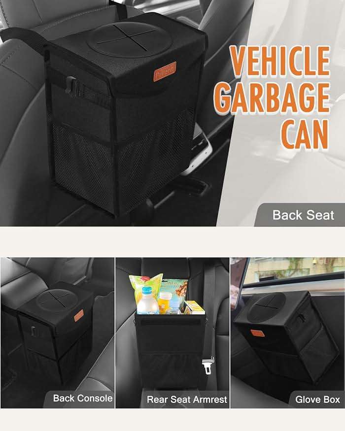 Pritent Car Trash Can with Lid, Cute Leakproof Car Trash Garbage Bag Hanging Vehicle Trash Bin Small Portable Automotive Garbage Cans Organizer for Back/Front Seat/Console(Trapezoid,Black) - Image 6