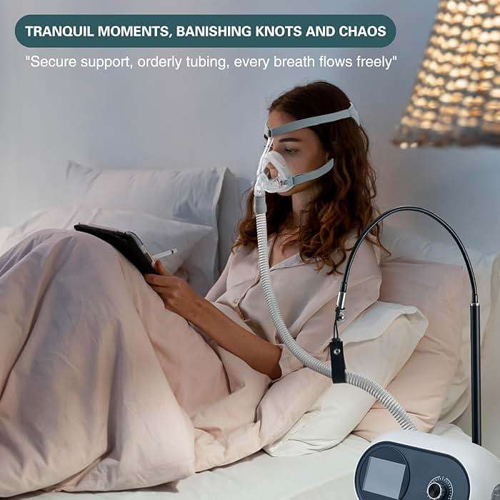 CPAP Hose Holder for Bed, Full Metal Bedside CPAP Hose Stand with Under-Mattress Base, Adjustable Flexible Arm, Curved Mask Hook and Hose Straps, No-Drill CPAP Accessories,Black - Image 2