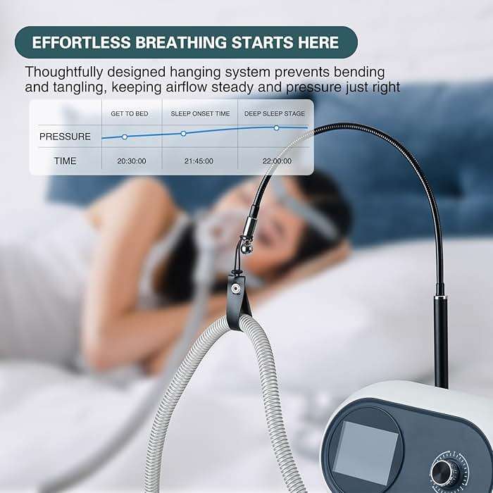 CPAP Hose Holder for Bed, Full Metal Bedside CPAP Hose Stand with Under-Mattress Base, Adjustable Flexible Arm, Curved Mask Hook and Hose Straps, No-Drill CPAP Accessories,Black - Image 3