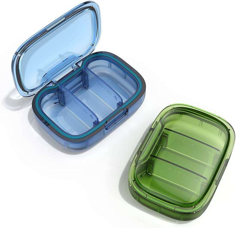 2 Pack 3 Compartment Small Pill Box, Moisture Proof Case, Travel Organizer for Pocket Purse, Daily Portable Medicine Vitamin Container, Fish Oil and Supplement Storage - Image 1