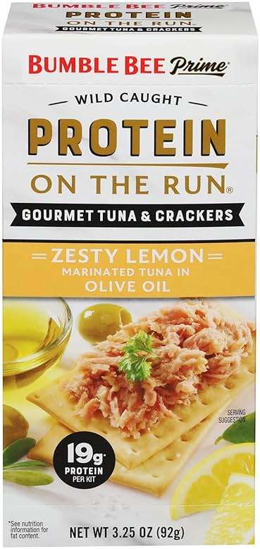 Bumble Bee Prime Protein on the Run Tuna Snack Kit - Gourmet Tuna Marinated in Olive Oil & Zesty Lemon with Crackers and Serving Utensil - 19g of Protein Per Serving, Easy Open Can - Image 1