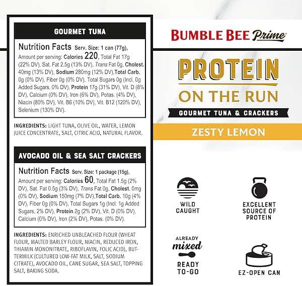 Bumble Bee Prime Protein on the Run Tuna Snack Kit - Gourmet Tuna Marinated in Olive Oil & Zesty Lemon with Crackers and Serving Utensil - 19g of Protein Per Serving, Easy Open Can - Image 2