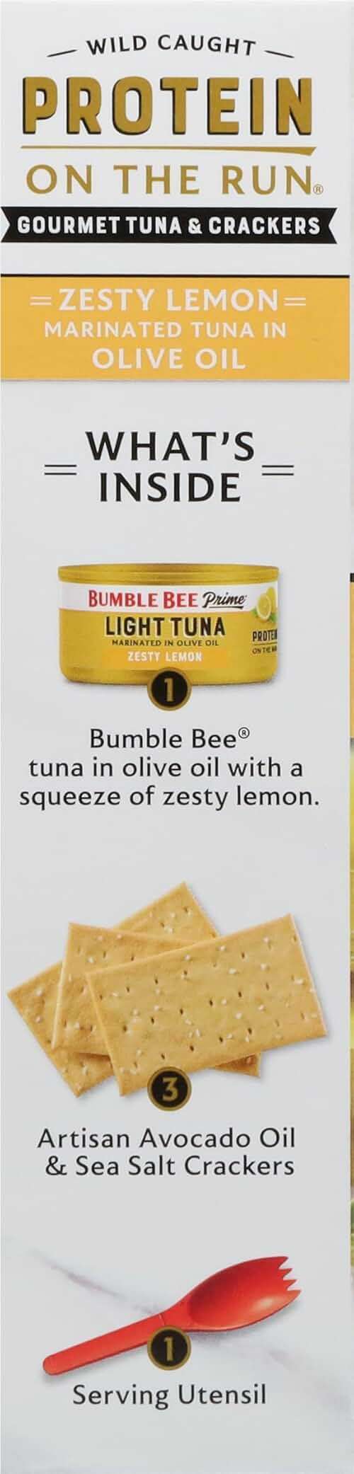 Bumble Bee Prime Protein on the Run Tuna Snack Kit - Gourmet Tuna Marinated in Olive Oil & Zesty Lemon with Crackers and Serving Utensil - 19g of Protein Per Serving, Easy Open Can - Image 9
