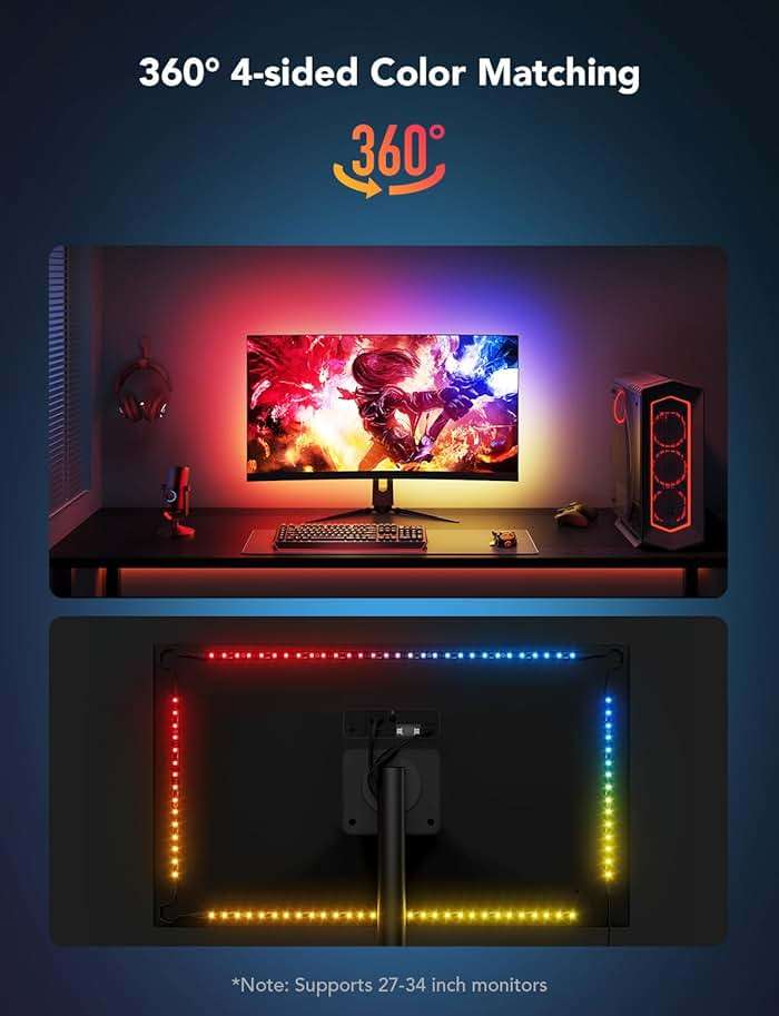 Govee Gaming Light for Monitor G1, RGBIC LED Backlight for 27-34 Inch PC, Smart LED Lights for Monitors with Color Matching, Adapts to Curved Monitors, Double Strip Light Beads with 123 Scene Modes - Image 6
