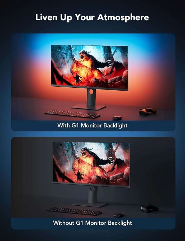 Govee Gaming Light for Monitor G1, RGBIC LED Backlight for 27-34 Inch PC, Smart LED Lights for Monitors with Color Matching, Adapts to Curved Monitors, Double Strip Light Beads with 123 Scene Modes - Image 8