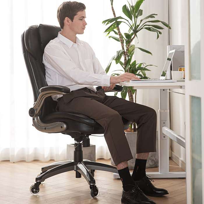 Executive Office Chair-Ergonomic Computer Desk Chair, High Back Leather Chair with Padded Flip-up Arms, Swivel Home Office Chair Upgraded Caster-Black - Image 2