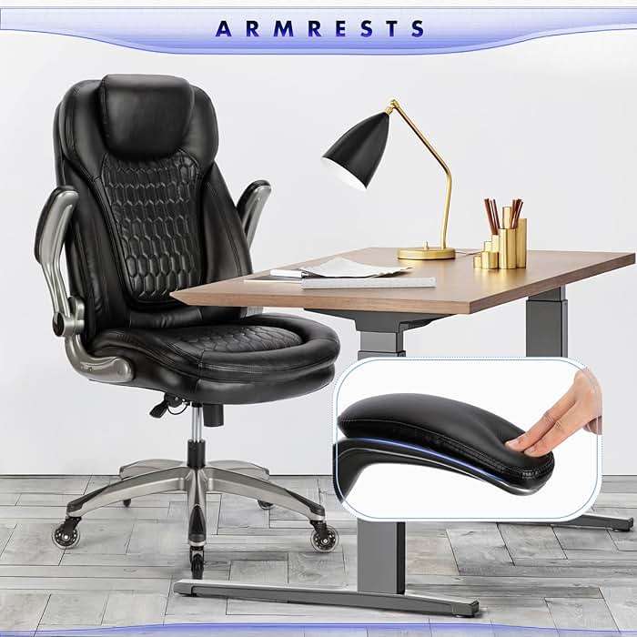 Executive Office Chair-Ergonomic Computer Desk Chair, High Back Leather Chair with Padded Flip-up Arms, Swivel Home Office Chair Upgraded Caster-Black - Image 6