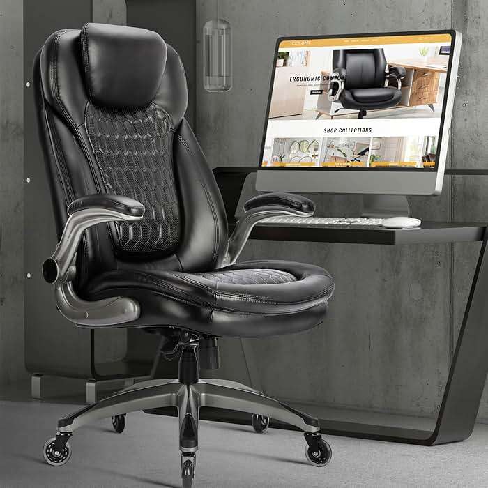 Executive Office Chair-Ergonomic Computer Desk Chair, High Back Leather Chair with Padded Flip-up Arms, Swivel Home Office Chair Upgraded Caster-Black - Image 8