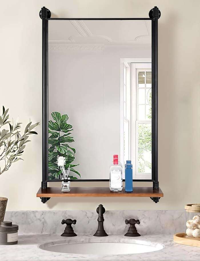 OLDRAINBOW Industrial Pipe Mirror Wood Shelves,Bedroom Mirror with Shelf,Rectangle Iron Wall Mirrors for Living Room Bedroom(34.6 x 23.6 in) - Image 1