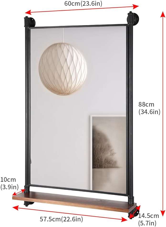 OLDRAINBOW Industrial Pipe Mirror Wood Shelves,Bedroom Mirror with Shelf,Rectangle Iron Wall Mirrors for Living Room Bedroom(34.6 x 23.6 in) - Image 2