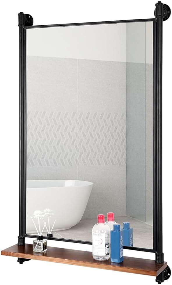 OLDRAINBOW Industrial Pipe Mirror Wood Shelves,Bedroom Mirror with Shelf,Rectangle Iron Wall Mirrors for Living Room Bedroom(34.6 x 23.6 in) - Image 3