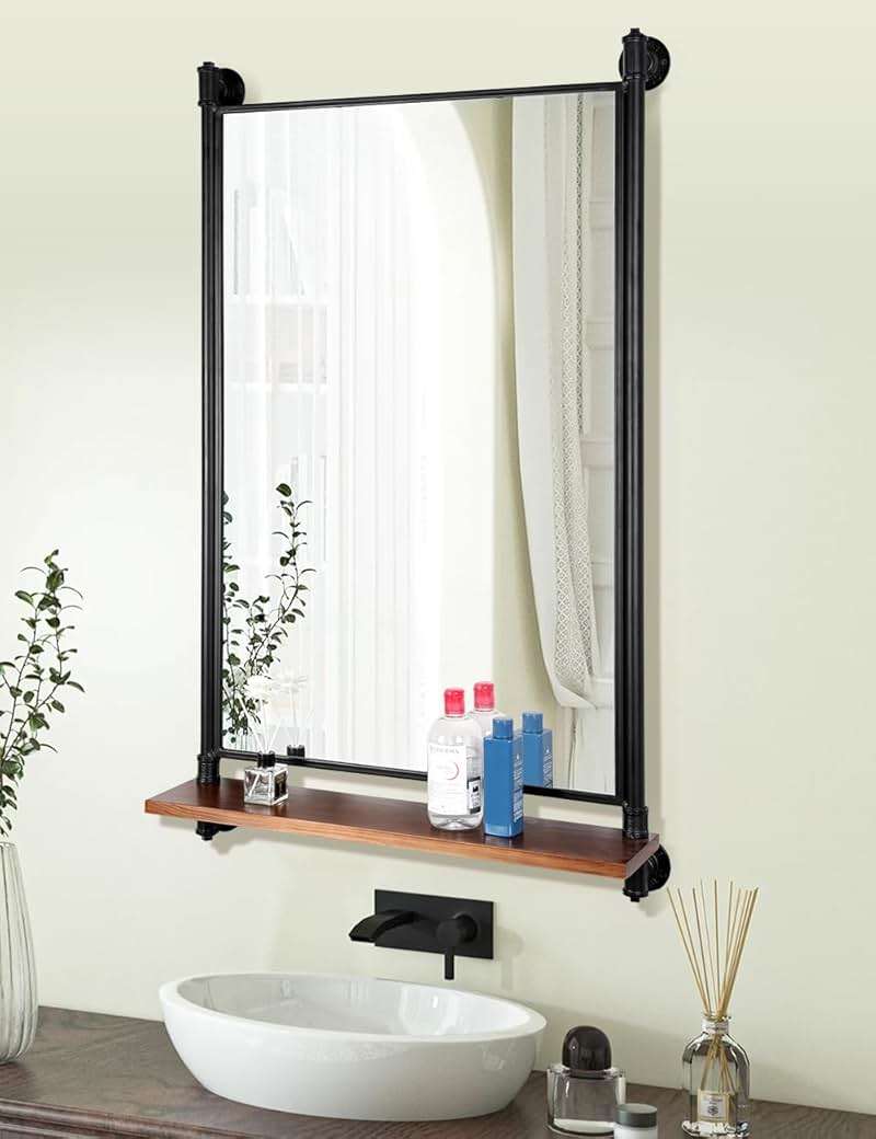 OLDRAINBOW Industrial Pipe Mirror Wood Shelves,Bedroom Mirror with Shelf,Rectangle Iron Wall Mirrors for Living Room Bedroom(34.6 x 23.6 in) - Image 4