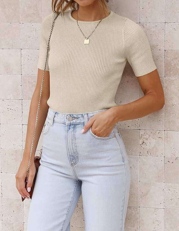 ZESICA Women's Short Sleeve Sweater Tops 2026 Summer Crewneck T Shirt Ribbed Knit Slim Fit Basic Solid Color Tee - Image 2
