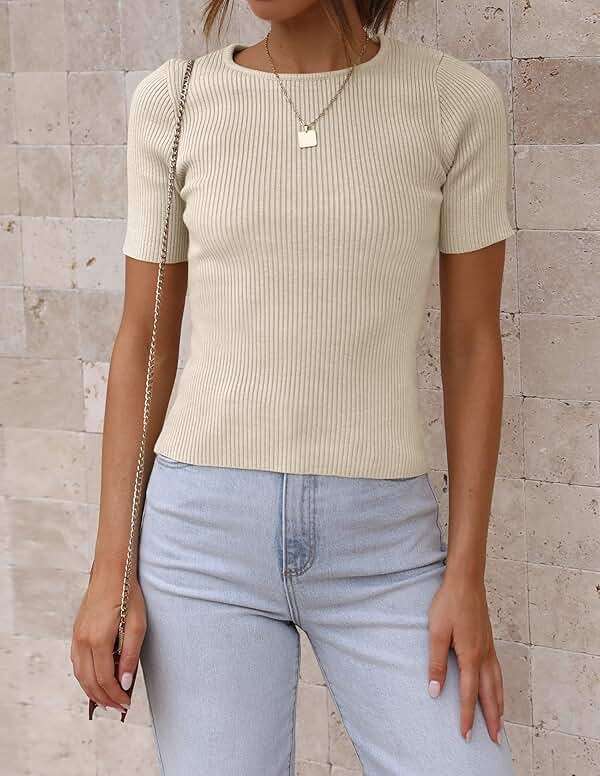 ZESICA Women's Short Sleeve Sweater Tops 2026 Summer Crewneck T Shirt Ribbed Knit Slim Fit Basic Solid Color Tee - Image 3