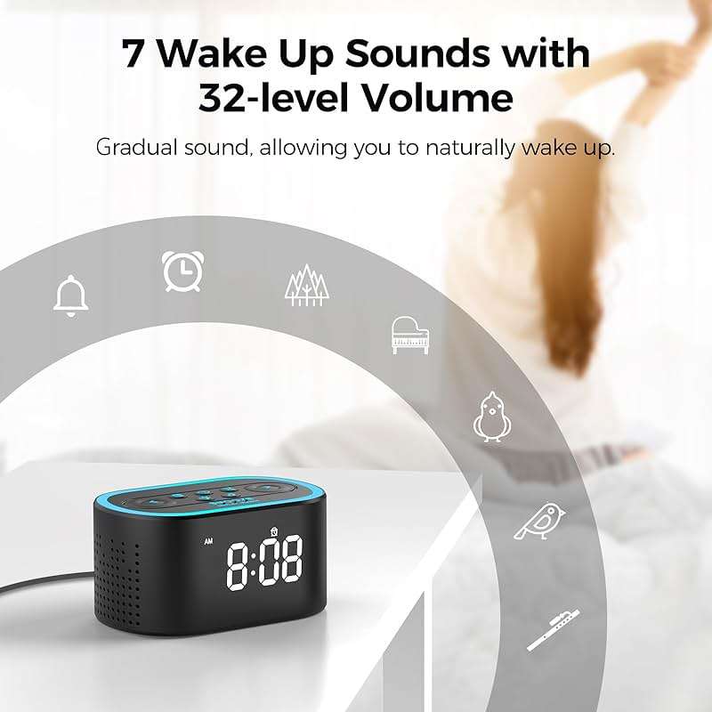 REACHER Digital Alarm Clock & White Noise Sound Machine, 21 Soothing Sounds, 7 Wake Up Sounds, 8 Night Lights, 32-Level Volume, 9 Sleep Timer, Memory Function for Kid, Adult, Bedroom, Nightstand - Image 3