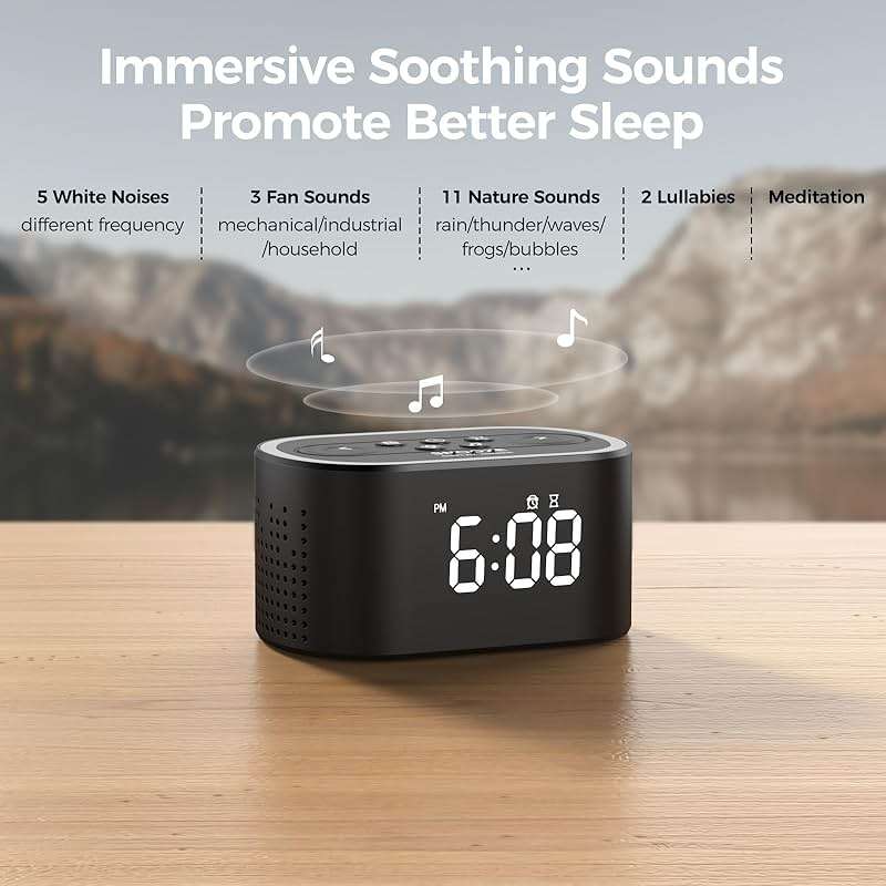 REACHER Digital Alarm Clock & White Noise Sound Machine, 21 Soothing Sounds, 7 Wake Up Sounds, 8 Night Lights, 32-Level Volume, 9 Sleep Timer, Memory Function for Kid, Adult, Bedroom, Nightstand - Image 4