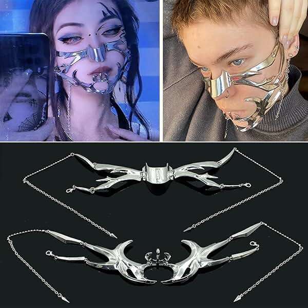 CyberPunk Cyborg Masquerade Mask, Half Face Mardi Gras Mask Metal Mask Liquid Irregular Fluid Face for women - Image 2