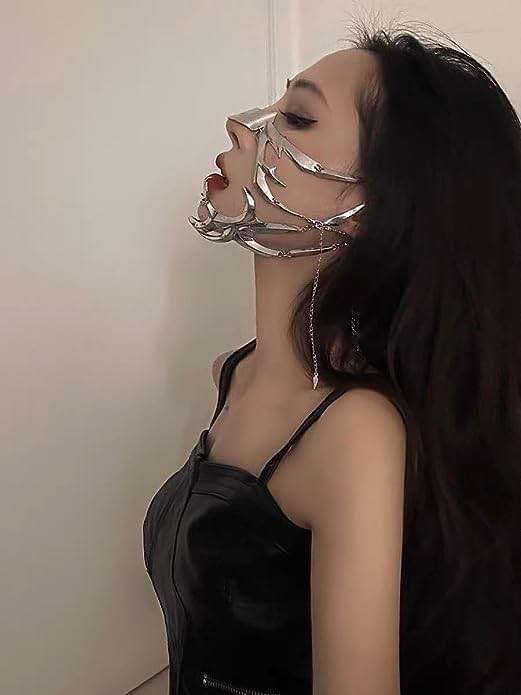 CyberPunk Cyborg Masquerade Mask, Half Face Mardi Gras Mask Metal Mask Liquid Irregular Fluid Face for women - Image 4