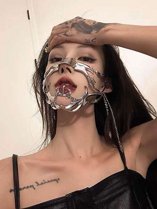 CyberPunk Cyborg Masquerade Mask, Half Face Mardi Gras Mask Metal Mask Liquid Irregular Fluid Face for women - Image 5