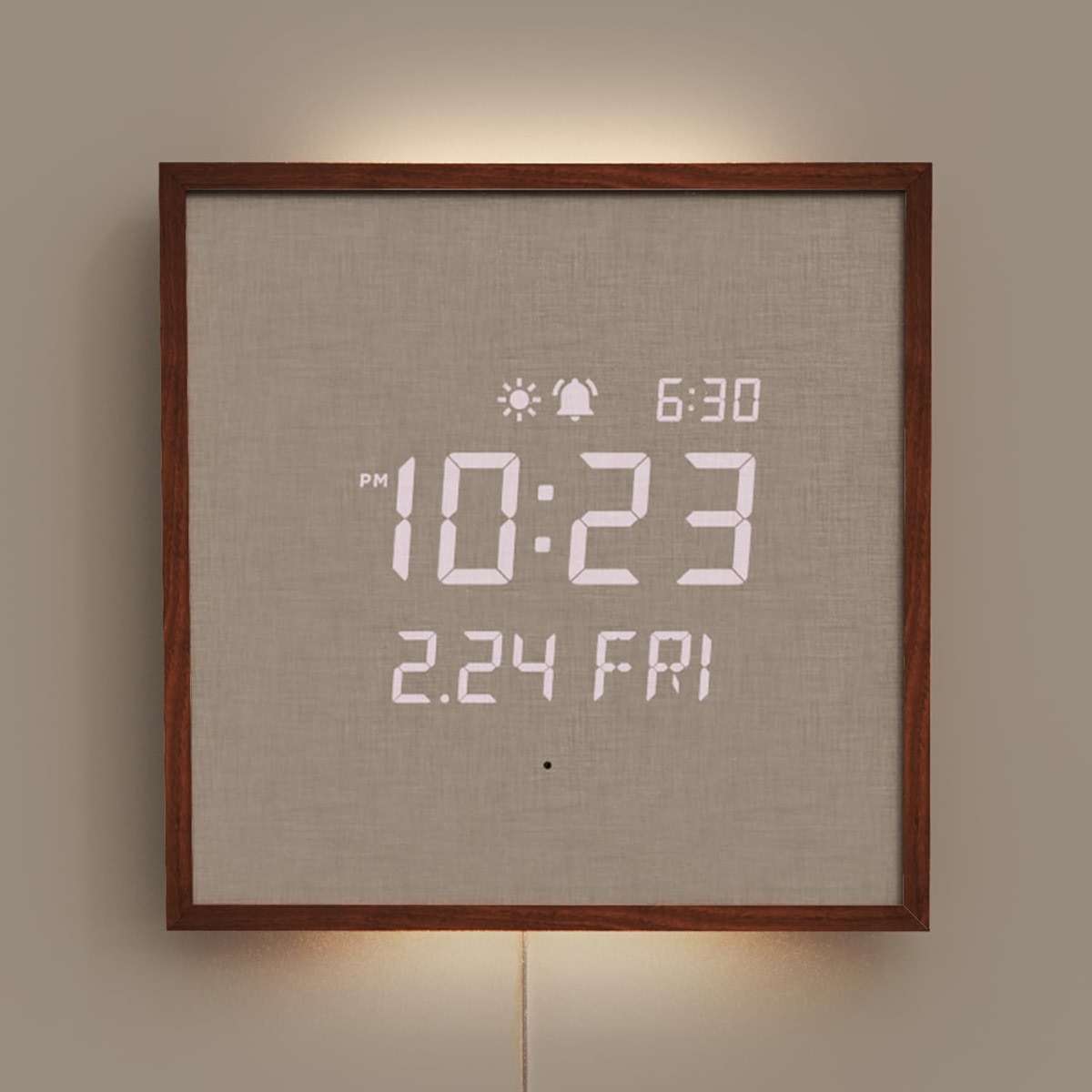 mooas Wooden Frame LED Silent Wall Clock with Remote, Backlit Nightlight, Modern Digital LED Wall Clock Display Sunrise Alarm Melody 5 Brightness for Bedroom Living Room (Wooden Frame Dark Brown) - Image 1