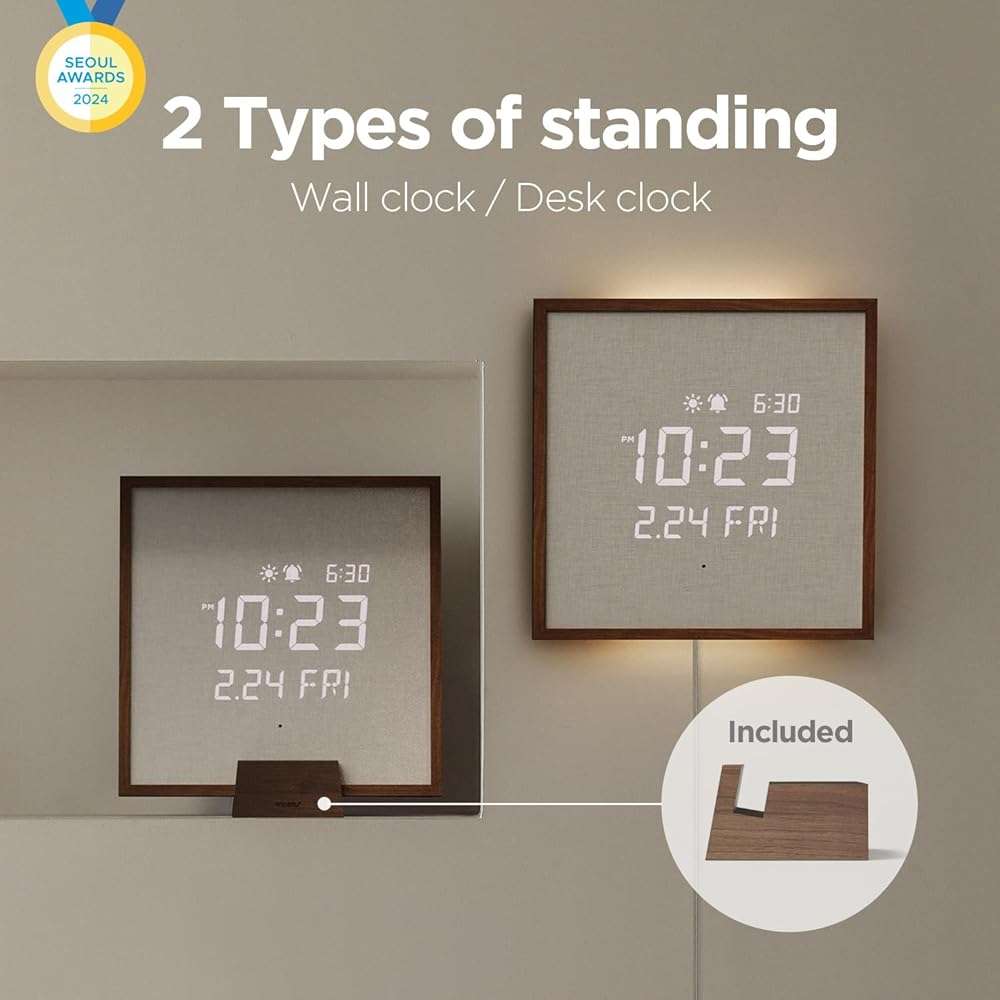 mooas Wooden Frame LED Silent Wall Clock with Remote, Backlit Nightlight, Modern Digital LED Wall Clock Display Sunrise Alarm Melody 5 Brightness for Bedroom Living Room (Wooden Frame Dark Brown) - Image 2