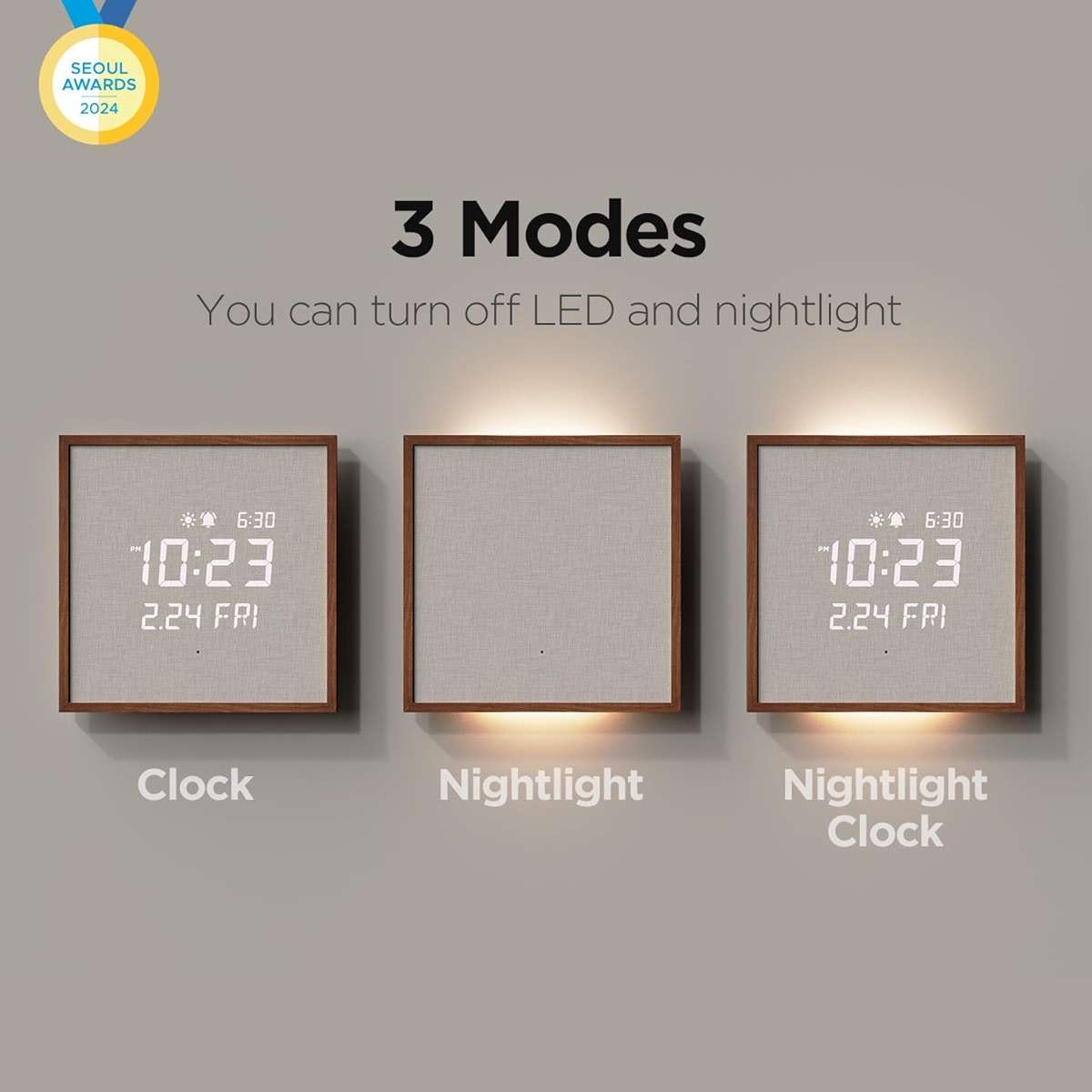 mooas Wooden Frame LED Silent Wall Clock with Remote, Backlit Nightlight, Modern Digital LED Wall Clock Display Sunrise Alarm Melody 5 Brightness for Bedroom Living Room (Wooden Frame Dark Brown) - Image 4