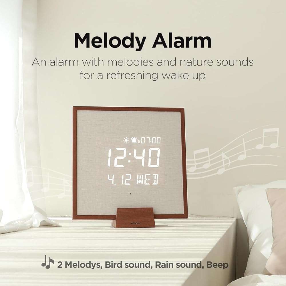 mooas Wooden Frame LED Silent Wall Clock with Remote, Backlit Nightlight, Modern Digital LED Wall Clock Display Sunrise Alarm Melody 5 Brightness for Bedroom Living Room (Wooden Frame Dark Brown) - Image 5