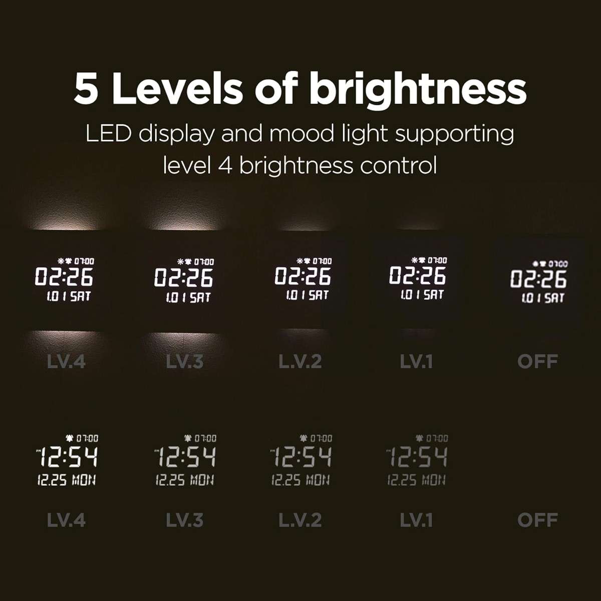 mooas Wooden Frame LED Silent Wall Clock with Remote, Backlit Nightlight, Modern Digital LED Wall Clock Display Sunrise Alarm Melody 5 Brightness for Bedroom Living Room (Wooden Frame Dark Brown) - Image 6