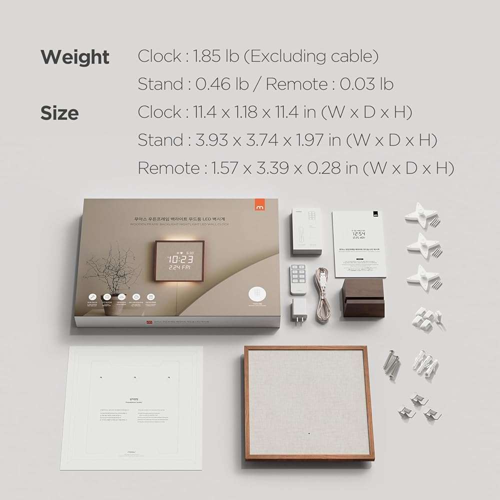mooas Wooden Frame LED Silent Wall Clock with Remote, Backlit Nightlight, Modern Digital LED Wall Clock Display Sunrise Alarm Melody 5 Brightness for Bedroom Living Room (Wooden Frame Dark Brown) - Image 9