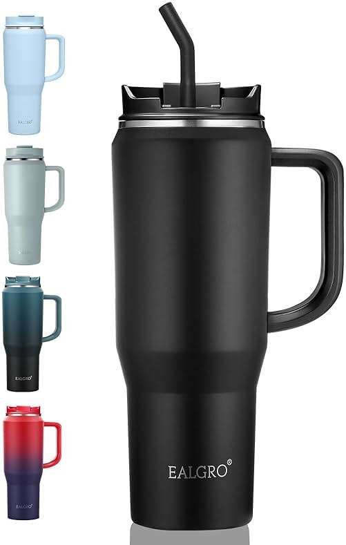 EALGRO 40 oz Tumbler with Handle, Insulated Tumblers with Lid and Straw, Large Metal Sports Water Bottle Jug, Thermal Stainless Steel Travel Coffee Mug Cup, Black - Image 1