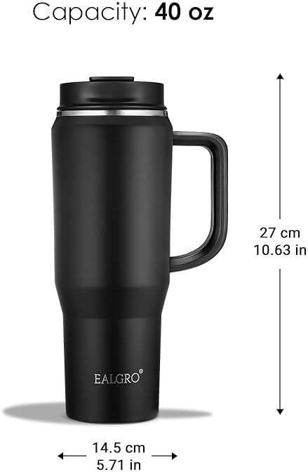 EALGRO 40 oz Tumbler with Handle, Insulated Tumblers with Lid and Straw, Large Metal Sports Water Bottle Jug, Thermal Stainless Steel Travel Coffee Mug Cup, Black - Image 3