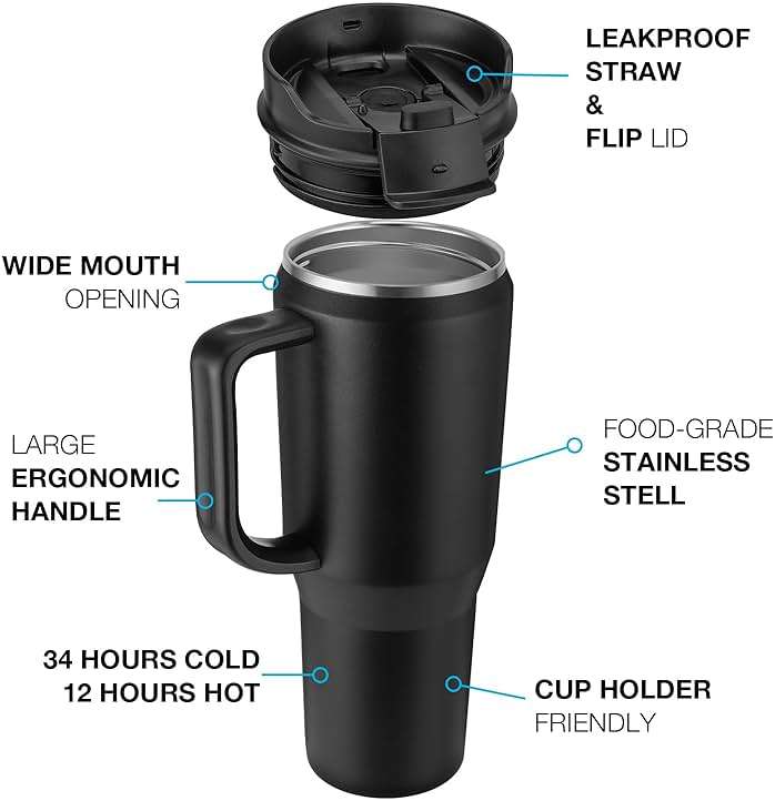 EALGRO 40 oz Tumbler with Handle, Insulated Tumblers with Lid and Straw, Large Metal Sports Water Bottle Jug, Thermal Stainless Steel Travel Coffee Mug Cup, Black - Image 4