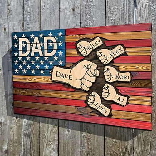 Personalized gift for Dad Papa Grandpa wooden sign, Dad gifts from kids flag Independence day home decor, Fist bump Daddy and Kids wooden plaque, Hands flag 4th of july sign, Fathers day decorations - Image 1